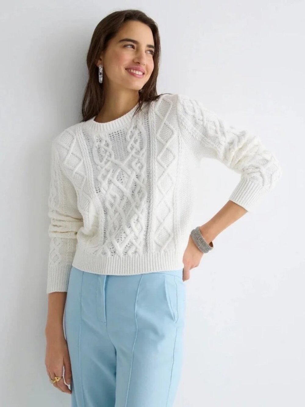 J.Crew Ivory Cotton Cable Knit Crystal Beaded Sweater, SIZE XS, NWT
